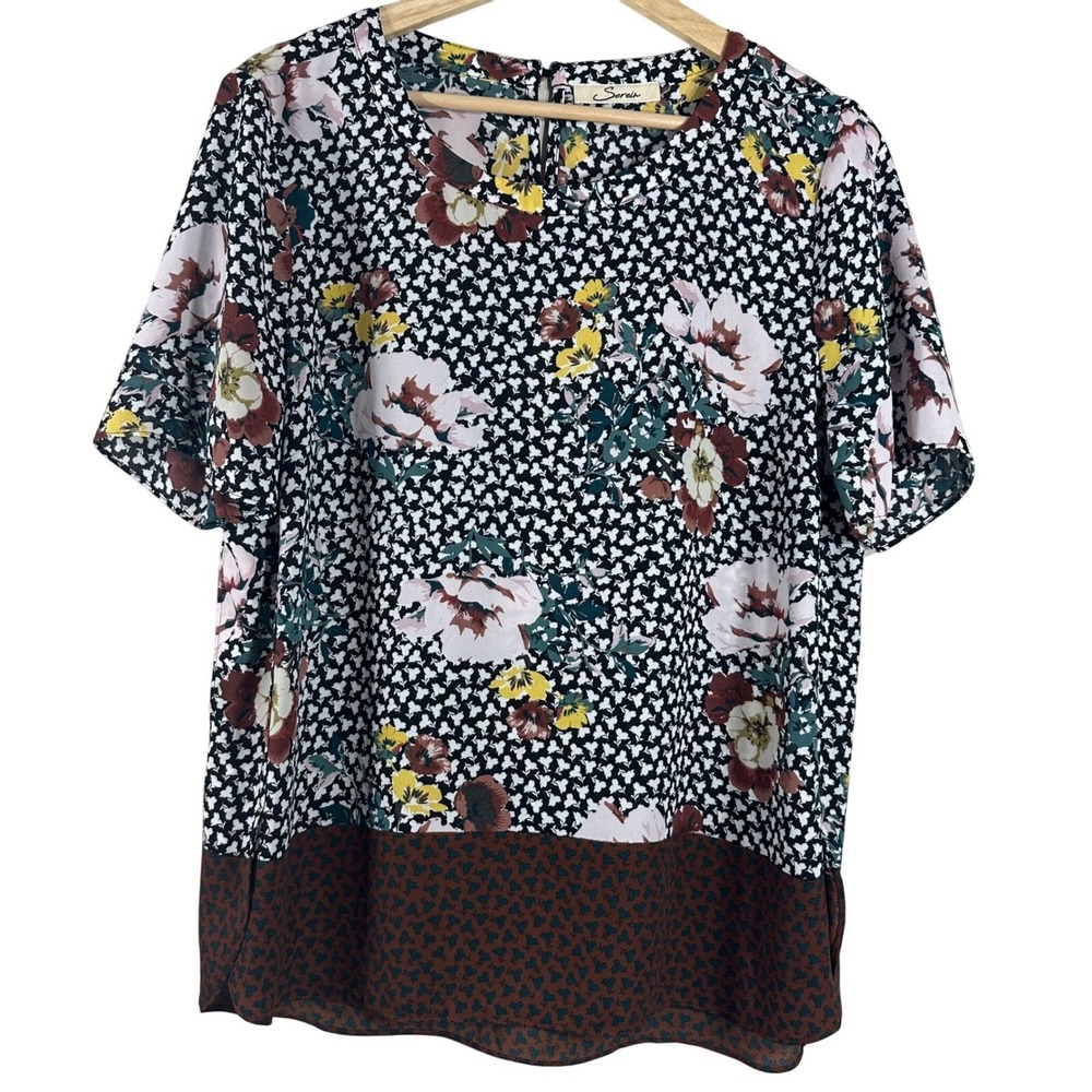 Serein Womens‎ Floral Geometric Short Sleeve Blouse Multi Round Neck Size M